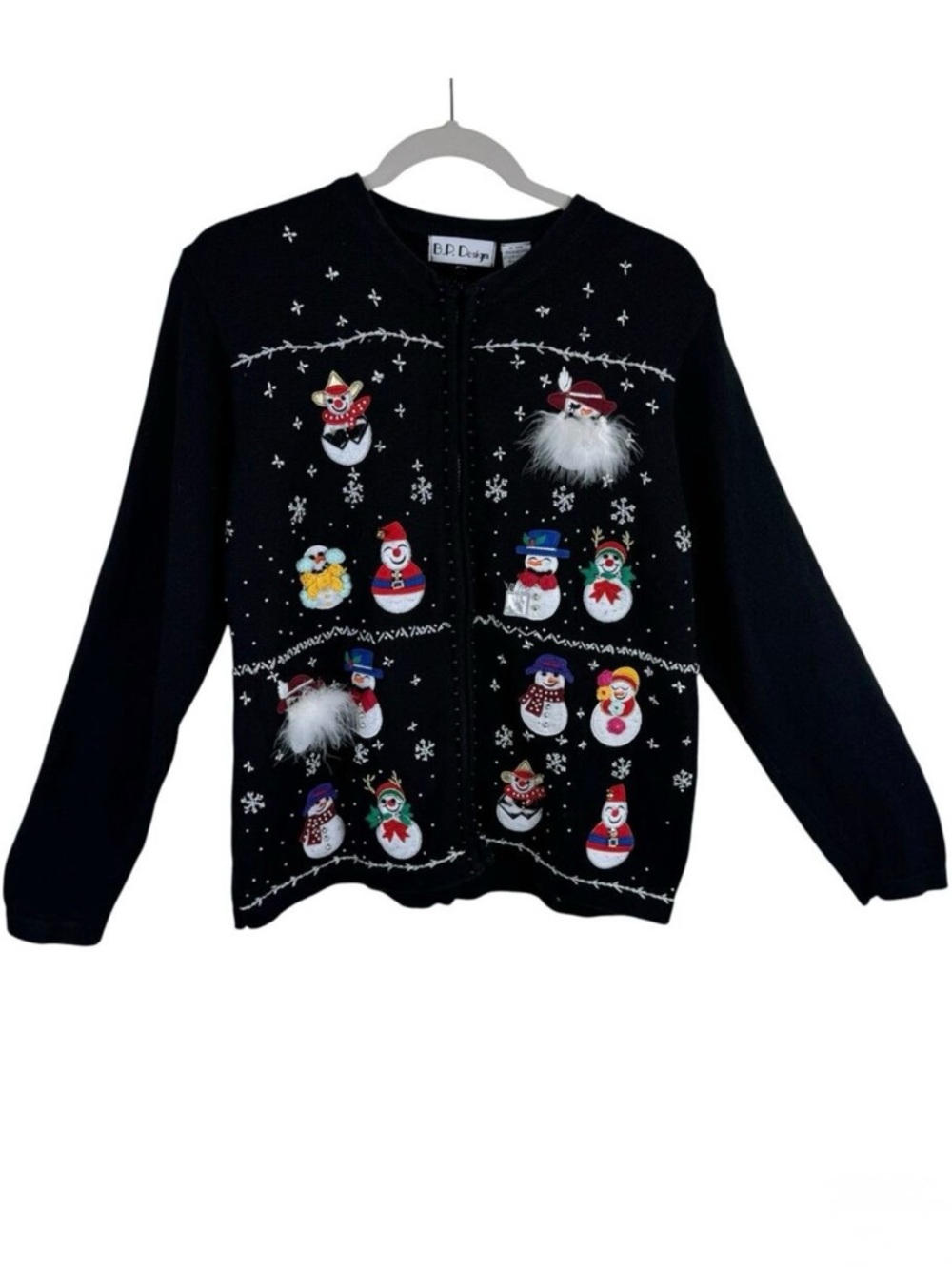 BP Design Vintage Black Full Zip Snowman Snowflake Christmas Sweater Cardigan L